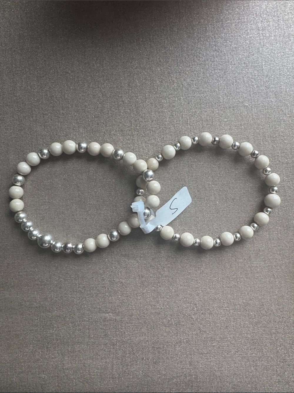 Neutral Cream Bead Stretch Bracelet Set with Sterling Silver Accents - Picture 2 of 4